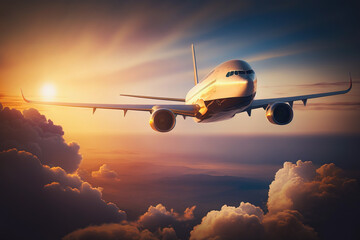 A passenger plane flies above the clouds at sunset. Travel and vacation concept. AI Generative
