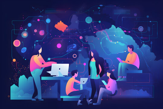 Flat vector illustration Teamwork, laptop hologram and success of people in data analysis, cyber security research and cloud computing. Coding, programming and developers women or group working with s