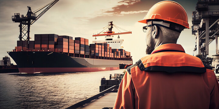 Foreman control loading Containers box from Cargo freight ship for import export, foreman control Industrial Container Cargo freight ship. Generative Ai.