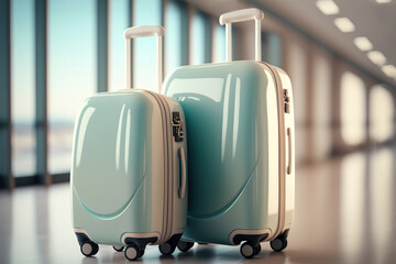Stylish suitcases standing in airport terminal hall, luggage ready for travel or vacation trip. AI Generative