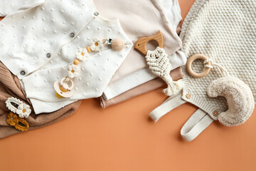 Set of stylish things for newborns top view, flat lay
