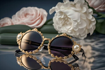  Glamour female sunglasses on the table. Super photo realistic background. Generative ai illustration