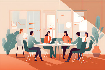 Flat vector illustration They give their all in their work. Shot of a group of business people having a meeting in a conference room.