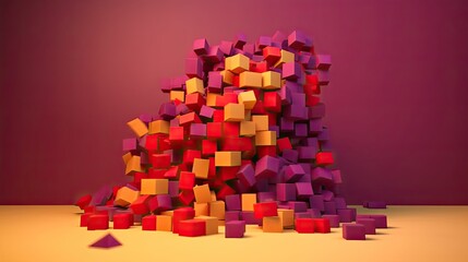 Wall of purple and red tinted blocks blowing apart on yellow background, realistic, photography, 8k, generative ai