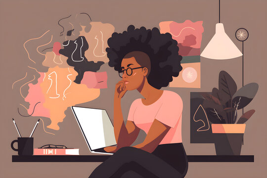 Flat vector illustration Thinking, office laptop focus and black woman, creative agency or serious person working on branding plan. Ideas for projects, problem solving and girls reading social media b