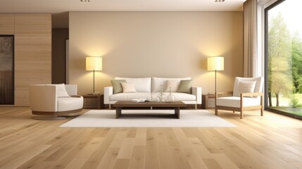  Modern villa living room design interior, beige furniture, bright walls, hardwood flooring, sofa, armchair with lamp, realistic, photography, generative ai