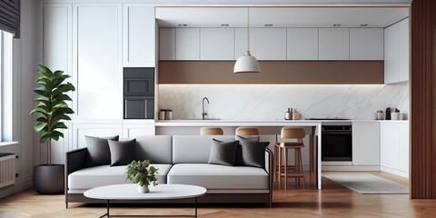Fototapeta na wymiar Modern, white minimalist interior with kitchen, sofa, wood floor, wall panels and marble kitchen island. 3d style illustration mock up. Generative Ai.
