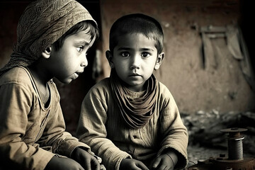 Fototapeta na wymiar portrait of two little orphaned brothers living on the street, an image created with ia