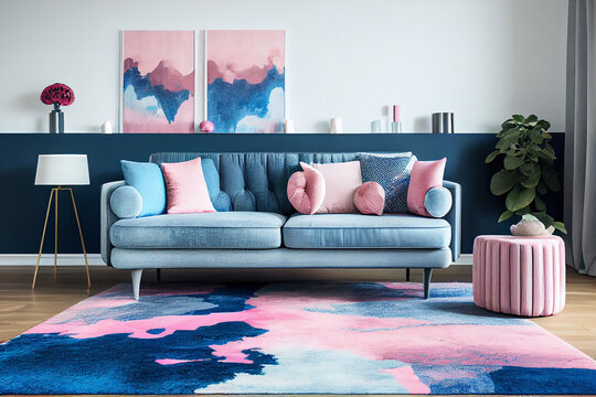 Patterned Carpet In Pink And Blue Living Room Interior With Sofa Against White Wall With Painting. Generative Ai.