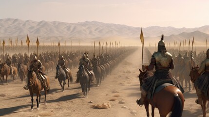 the Persian Empire in 330 BC, with the mighty ruler on horseback and his army marching forward with their banners and weapons, 8k, hyperrealistic, photography, generative ai