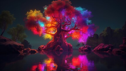 Tree of Creativity, 8k, vibrant colors, river background, glowing neon, 8k, intricate details, photorealistic, ultra realistic, generative ai