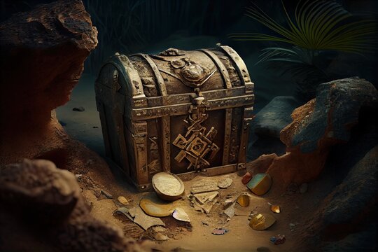 treasure chest buried in ancient ruin, surrounded by remnants of previous civilizations, created with generative ai