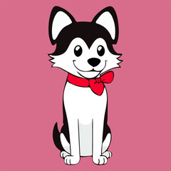 Happy cartoon puppy with bow tie on pink background. Flat Vector illustration.