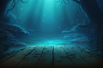 Fantasy of underwater with copy space. Underwater deep ocean blue sea illustration. Generative AI.