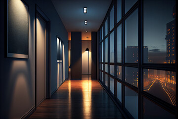 Hallway interior with large panoramic windows and night metropolis city view. Part of an office or a corridor in a residential apartment. - obrazy, fototapety, plakaty