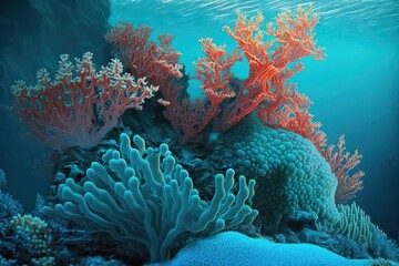 Fototapeta na wymiar Coral under sea portrait. Beautiful corals. Blue ocean concept. Generative AI.