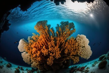 Coral under sea portrait. Beautiful corals. Blue ocean concept. Generative AI.