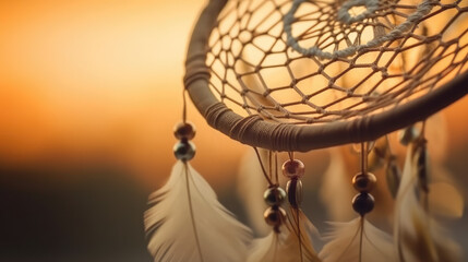 Dreamcatcher at sunrise or sunset. Soft golden background. Boho style decoration with feathers and wooden beads. Generative AI