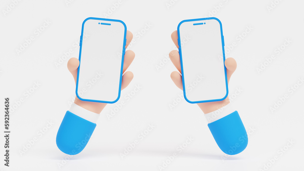 Poster 3d two hands holding mobile phone with blank screen for promotion. smartphone with empty copy space.