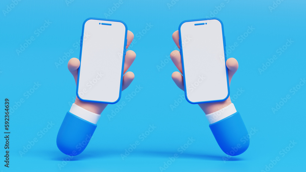 Poster 3d two hands holding mobile phone with blank screen for promotion. smartphone with empty copy space.