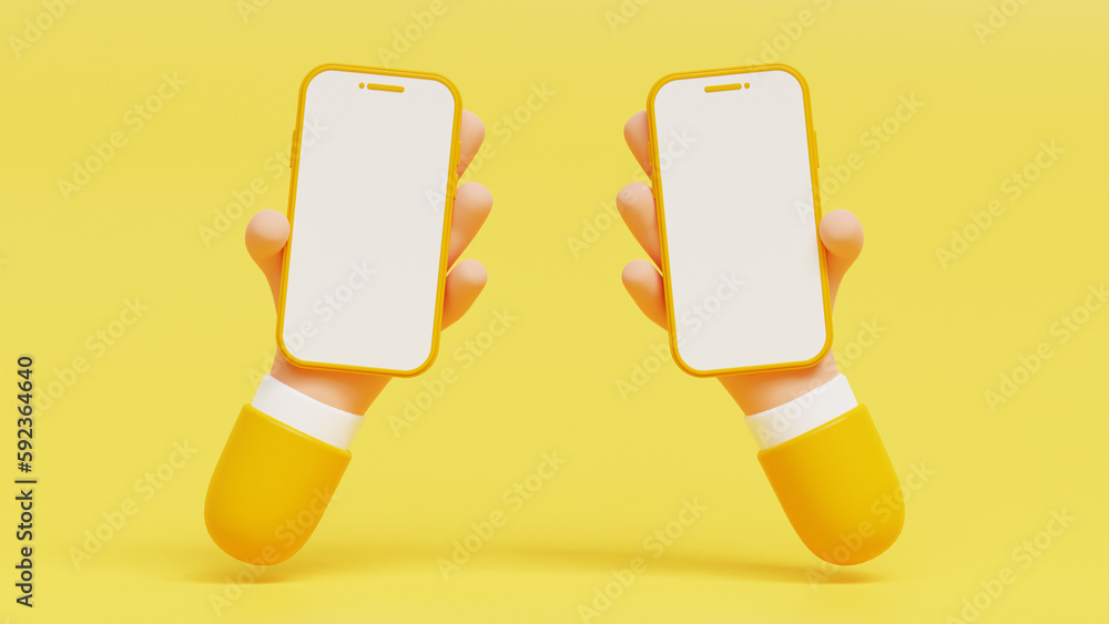 Poster 3d two hands holding mobile phone with blank screen for promotion. smartphone with empty copy space.