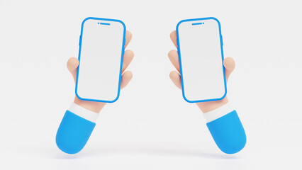 3D Two Hands holding mobile phone with blank screen for promotion. Smartphone with empty copy space. Cartoon hands, Marketing time banner template isolated on white background