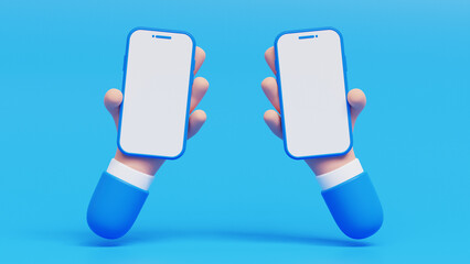 3D Two Hands holding mobile phone with blank screen for promotion. Smartphone with empty copy space. Cartoon hands, Marketing time banner template isolated on blue background