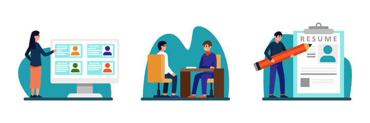 Set of cartoon characters of hiring managers and job seekers. Process of selecting resumes. Human resource management. Time for employment interviewing. Vector
