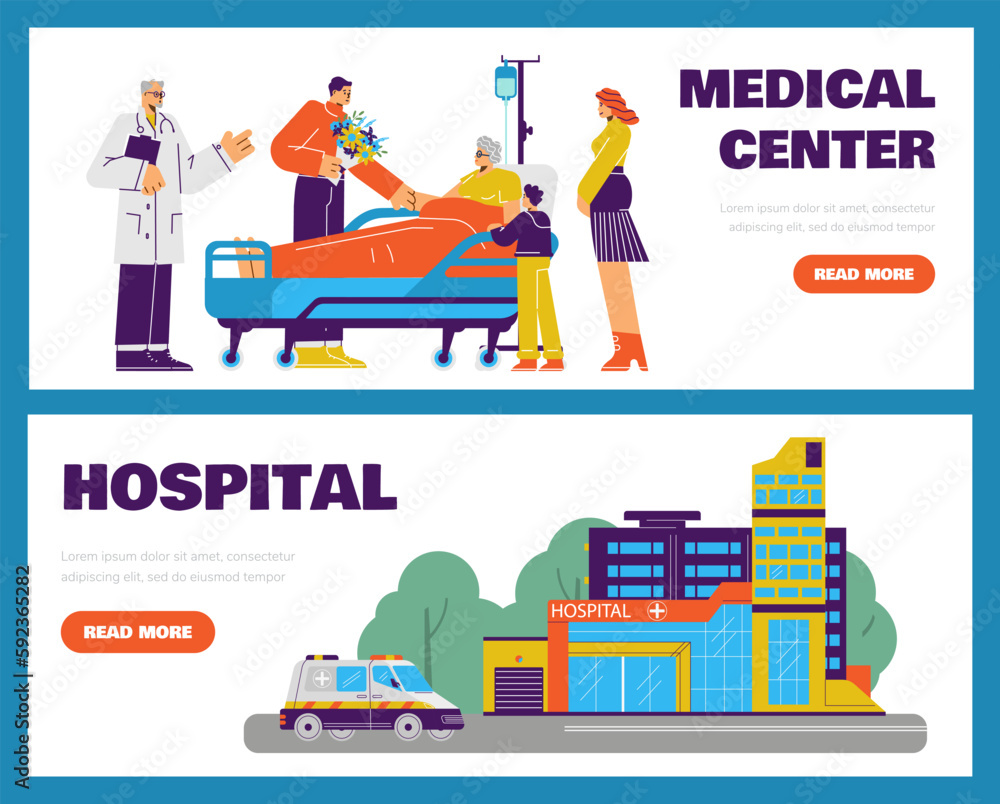 Wall mural hospital and medical center advertising web banners set, flat vector illustration.