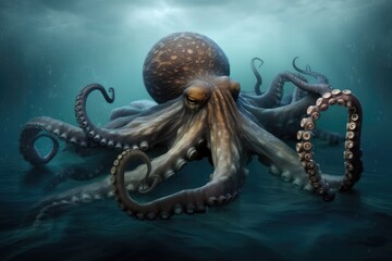 octopus kraken monster swimming through murky waters, tentacles fanning out, created with generative ai