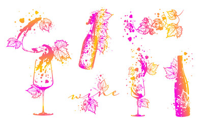 Fototapeta premium Wine Designs - Collection of wine glasses and bottles. Hand drawn elements for invitation cards, advertising banners, menus in gold style. Wine glasses with splashing wine. Sketch vector illustration.