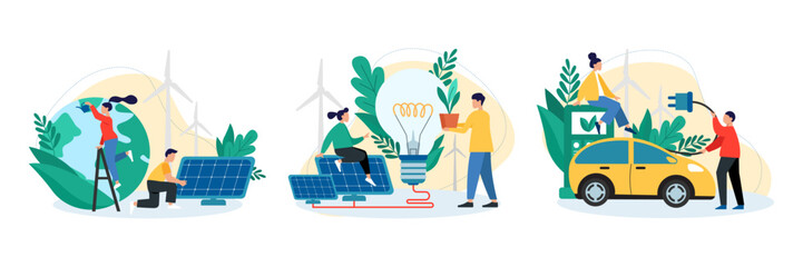 Set of different cartoon characters of young people using green energy sources. Getting electricity from natural resources. Eco friendly urban infrastructure and transport. Vector © ANDRII