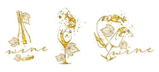 Wine Designs - Collection of wine glasses and bottles. Hand drawn elements for invitation cards, advertising banners, menus in gold style. Wine glasses with splashing wine. Sketch vector illustration.