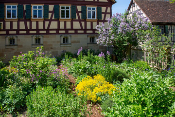 Fototapeta na wymiar Bauerngarten mit Gemüse und Blumen in voller Blüte