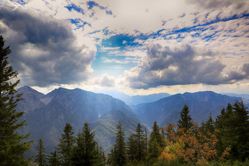 Landschaft mit Bergen und Wald in den Alpen