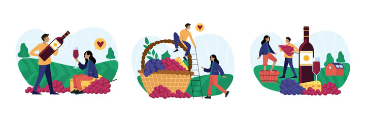 Set of cartoon characters of young people dealing with wine production. Process of growing organic grapes. Group of couples making alcohol drinks together. Vector