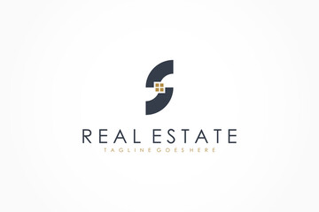 Initial Letter S Real Estate Logo. Black Shape S Letter with Gold Window inside isolated on White Background. Flat Vector Logo Design Template Element for Construction Architecture Building Logos.