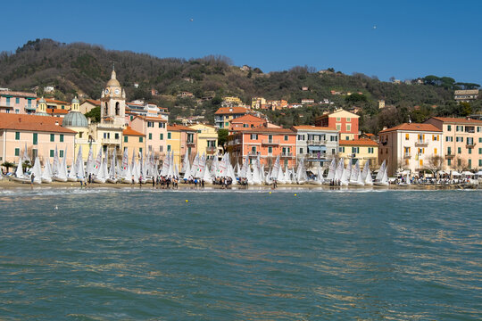 Sailing boats on beach before regatta, San Terenzo, Lerici, La Spezia, Liguria, Italy