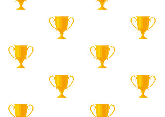 8 bit pixel champion cup background. First place winner golden goblet seamless pattern. Retro video game style vector illustration.