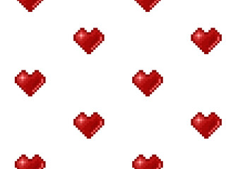Fototapeta na wymiar Pixel hearts background in retro video game style. 8-bit geek hearts for Valentines Day seamless pattern. Vector template.