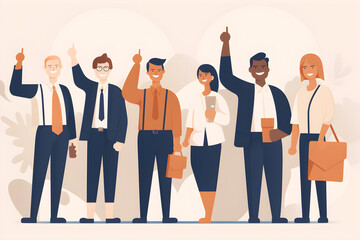 Flat vector illustration You have received our official stamp of approval. Group of young business people showing thumbs up in modern office.