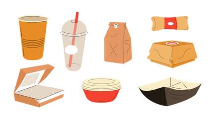 Food takeaway carton packages set vector. Lunch boxes. Cardboard cups, recyclable paper boxes. Delivery empty packages for pizza, icecream, fries.