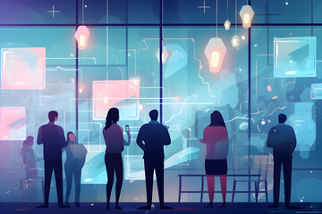 Flat vector illustration You'll never miss a great idea. Cropped shot of group of business people brainstorming with notes on glass wall in office.