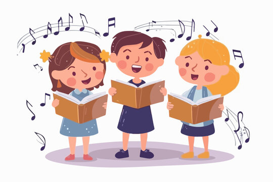 Young students with books harmonize in school chorus. Small children holding textbooks perform onstage. Music, recital. Vector graphic