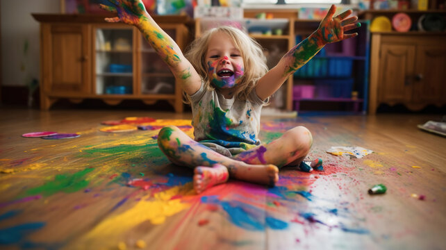 A child girl sitting chaotic painted his hands, face and clothes with paint, finger painting in the room. Children's antics.