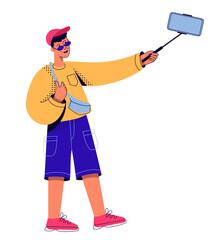 Young man tourist doing foto use selfie stick. Man traveling. Vector illustration