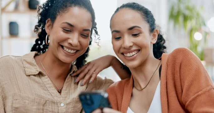 Lesbian Couple, Phone And Home Sofa Together To Relax Or Surfing Internet While Talking And Happy. Gay Women With Mobile App For Online Shopping Or Social Media Funny Meme In Living Room With Love