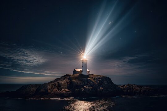 lighthouse illuminating the night sky with its powerful beam, created with generative ai