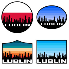 Lublin Skyline Silhouette Poland Flag Travel Souvenir Sticker Sunset Background Vector Illustration SVG EPS AI