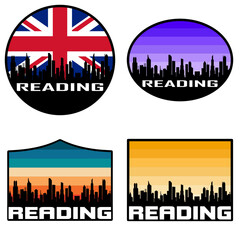 Fototapeta premium Reading Skyline Silhouette Uk Flag Travel Souvenir Sticker Sunset Background Vector Illustration SVG EPS AI